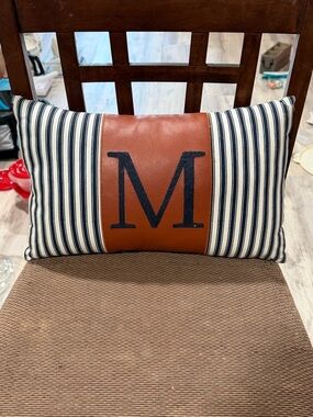 Kirklands Striped Navy and White Pillow with Brown Leather Monogram M